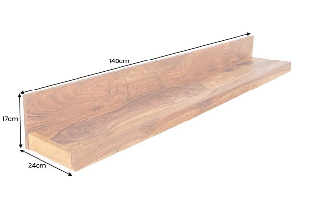 Étagère murale MAKASSAR 140 cm – Bois massif de sheesham, finition stone naturelle, fabrication artisanale