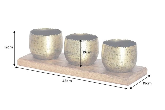 Set de décoration ORIENT – 3 coupelles dorées avec plateau en bois massif de manguier, design martelé fait main