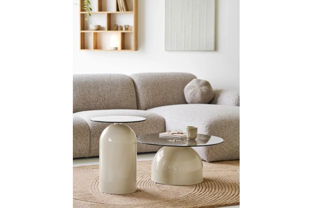 Table d’appoint en verre trempé et métal beige/gris – Ø40 x H52 cm