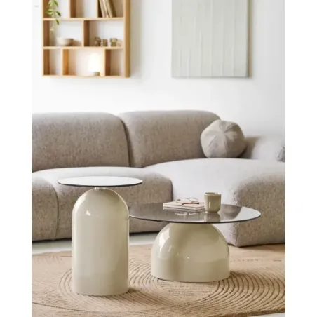 Table d’appoint en verre trempé et métal beige/gris – Ø40 x H52 cm