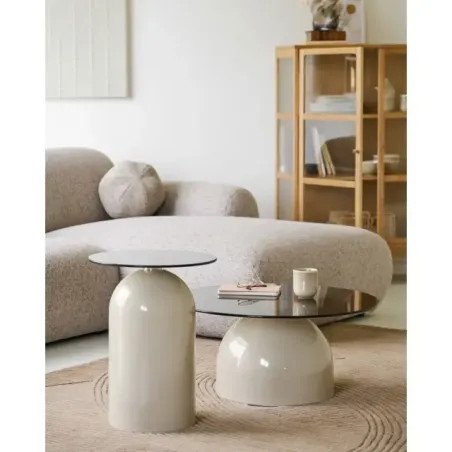 Table d’appoint en verre trempé et métal beige/gris – Ø40 x H52 cm
