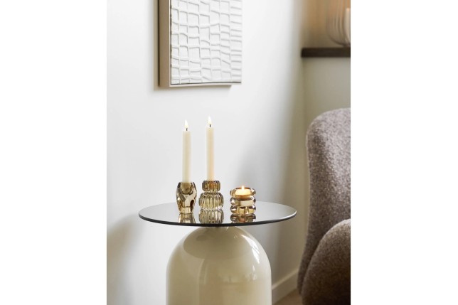 Table d’appoint en verre trempé et métal beige/gris – Ø40 x H52 cm