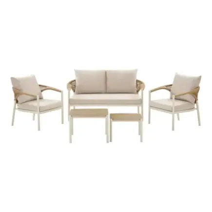 Salon de Jardin Abela – Canapé 2 Places + 2 Fauteuils + 2 Tables · Coussins Inclus 2