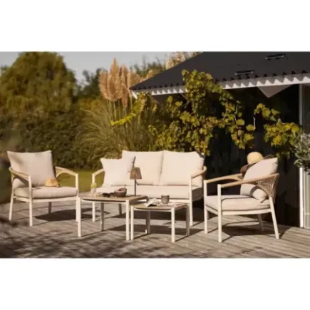 Salon de Jardin Abela – Canapé 2 Places + 2 Fauteuils + 2 Tables · Coussins Inclus