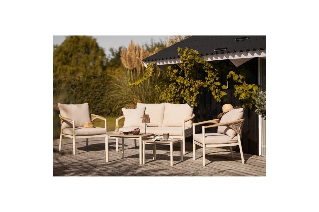 Salon de Jardin Abela – Canapé 2 Places + 2 Fauteuils + 2 Tables · Coussins Inclus