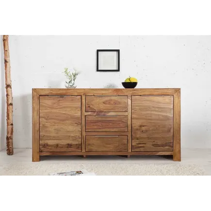 Buffet Bois Massif Naturel 140 cm – Bahut de Salon avec Rangement 2