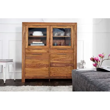 Buffet haut vitrine sheesham 140 cm finition stone