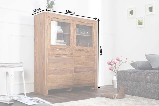 Buffet haut vitrine sheesham 140 cm finition stone