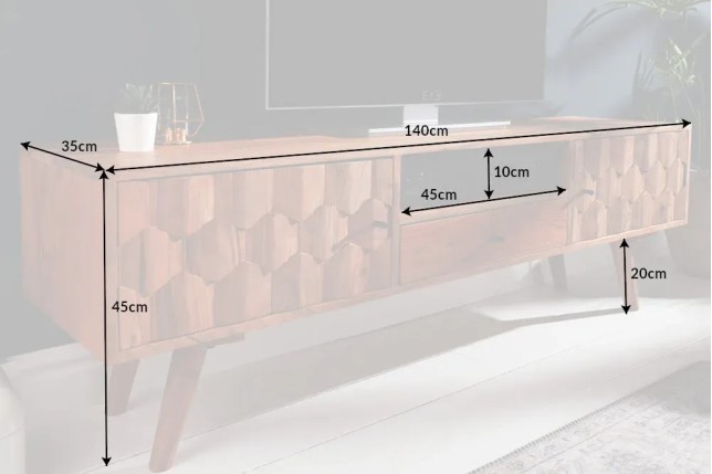 Meuble TV en bois massif d’acacia MYSTIC salon – 140 cm, finition naturelle avec surface 3D artisanale | Elsines