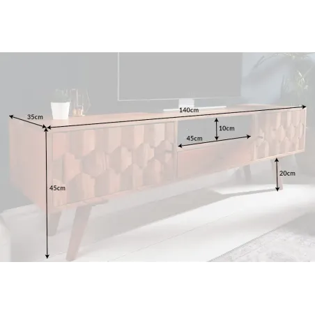 Meuble TV en bois massif d’acacia MYSTIC salon – 140 cm, finition naturelle avec surface 3D artisanale | Elsines