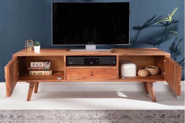Meuble TV en bois massif d’acacia MYSTIC salon – 140 cm, finition naturelle avec surface 3D artisanale | Elsines