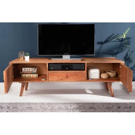 Meuble TV en bois massif d’acacia MYSTIC salon – 140 cm, finition naturelle avec surface 3D artisanale | Elsines