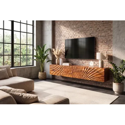Meuble TV suspendu SCORPION 200 cm en bois massif de manguier brun | Elsines 2
