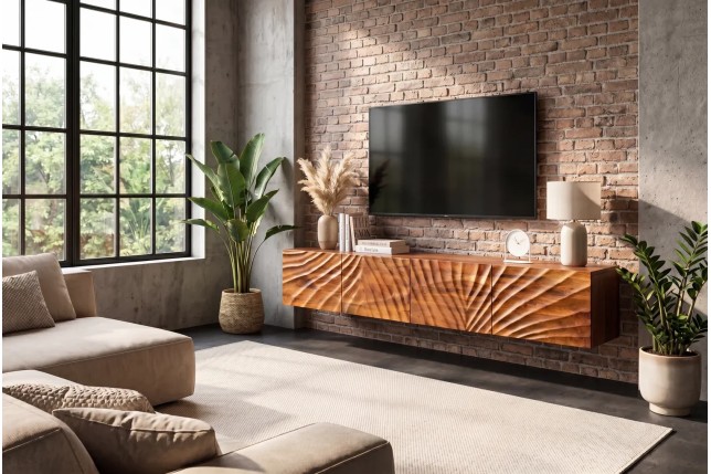Meuble TV massif suspendu SCORPION 200 cm – Bois de manguier brun sculpté à la main, design moderne