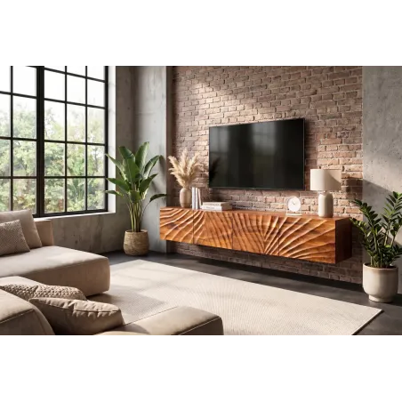 Meuble TV massif suspendu SCORPION 200 cm – Bois de manguier brun sculpté à la main, design moderne