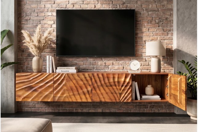 Meuble TV suspendu SCORPION 200 cm en bois massif de manguier brun | Elsines