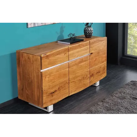 Buffet contemporain de couleur naturelle en bois massif à 3 portes et 2 tiroirs