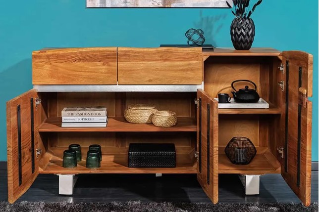 Bahut contemporain de couleur naturelle en bois massif à 3 portes et 2 tiroirs | Elsines