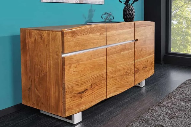 Buffet contemporain de couleur naturelle en bois massif à 3 portes et 2 tiroirs