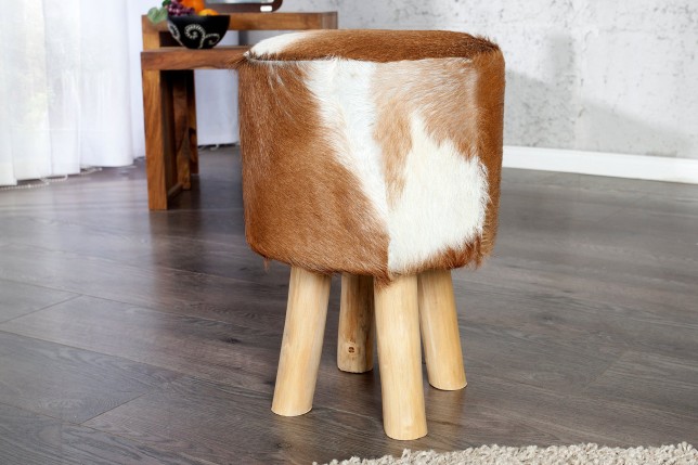 Tabouret HIDE 45cm peau de chèvre et bois - brun