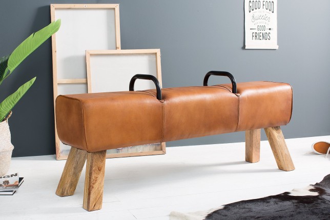 Banc BOCK 134cm cuir véritable brun clair - Bois massif