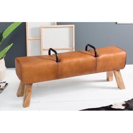Banc BOCK 134cm cuir véritable brun clair - Bois massif