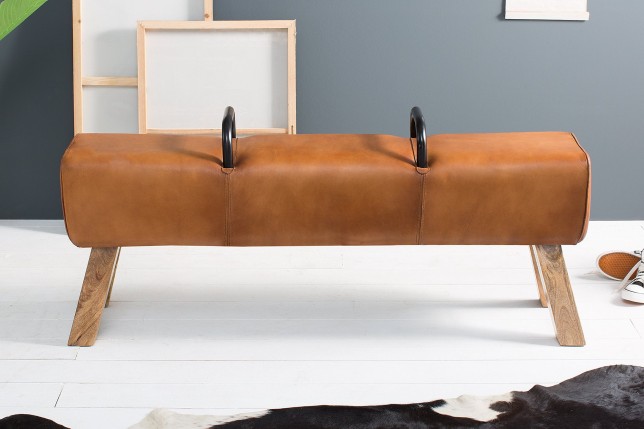 Banc BOCK 134cm cuir véritable brun clair - Bois massif