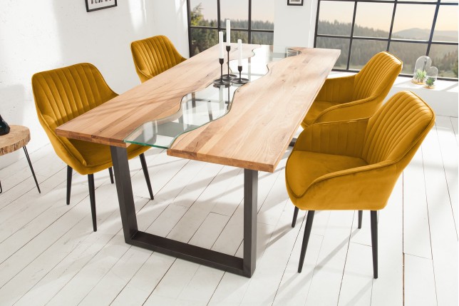 Chaise TURIN velours jaune moutarde avec accoudoirs - Lot de 2