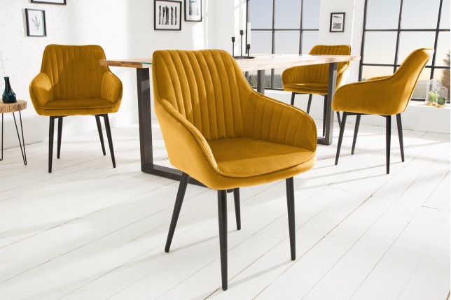 Chaise TURIN velours jaune moutarde avec accoudoirs - Lot de 2