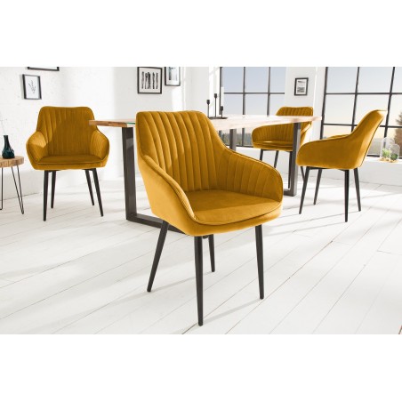 Chaise TURIN velours jaune moutarde avec accoudoirs - Lot de 2