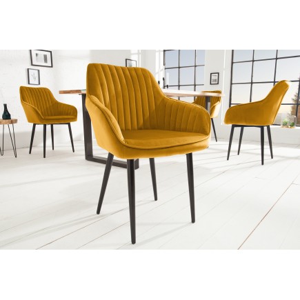 Chaise TURIN velours jaune moutarde avec accoudoirs - Lot de 2