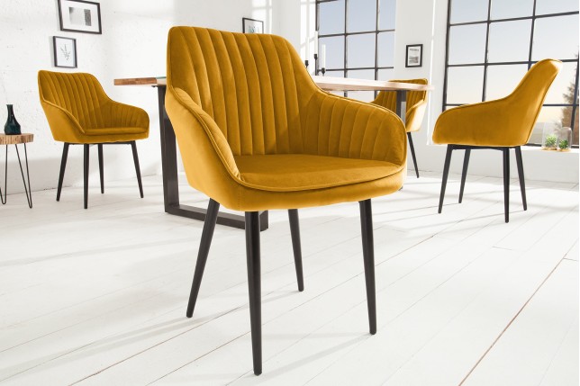 Chaise TURIN velours jaune moutarde avec accoudoirs - Lot de 2