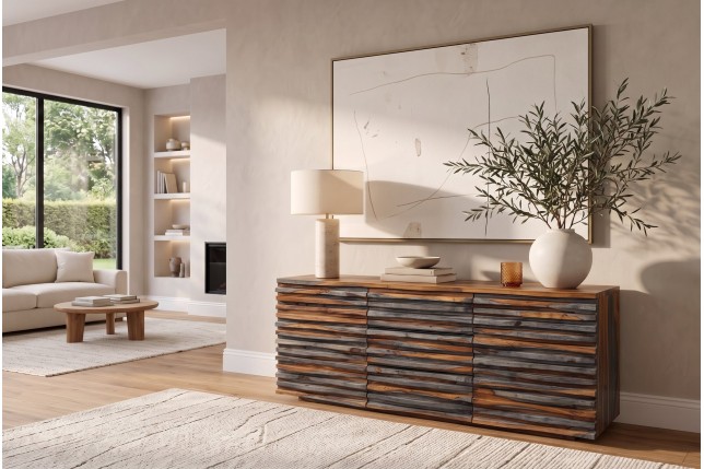 Buffet RELIEF 160cm Sheesham Massif Finition Fumée Grise