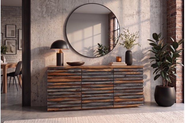 Buffet RELIEF 160cm Sheesham Massif Finition Fumée Grise