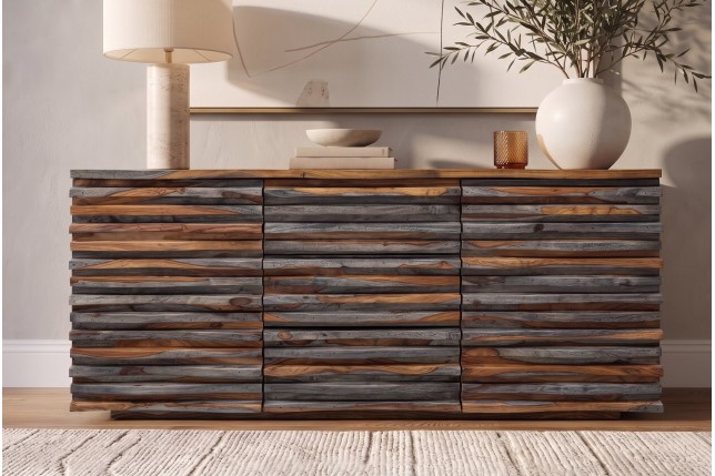 Buffet RELIEF 160cm Sheesham Massif Finition Fumée Grise