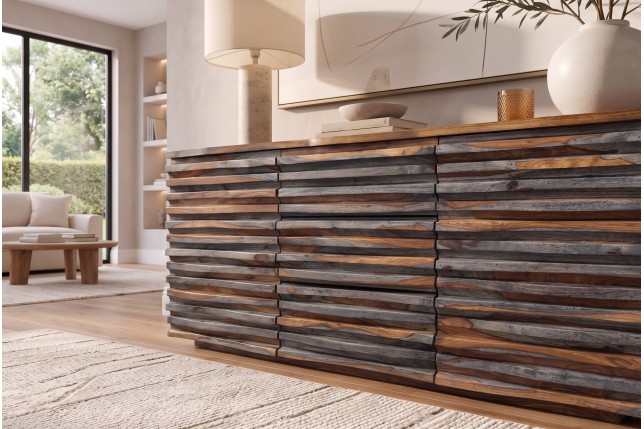 Buffet RELIEF 160cm Sheesham Massif Finition Fumée Grise