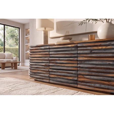 Buffet RELIEF 160cm Sheesham Massif Finition Fumée Grise