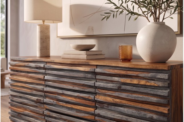 Buffet RELIEF 160cm Sheesham Massif Finition Fumée Grise