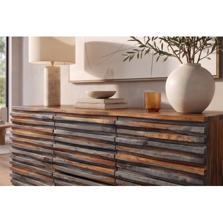Buffet RELIEF 160cm Sheesham Massif Finition Fumée Grise
