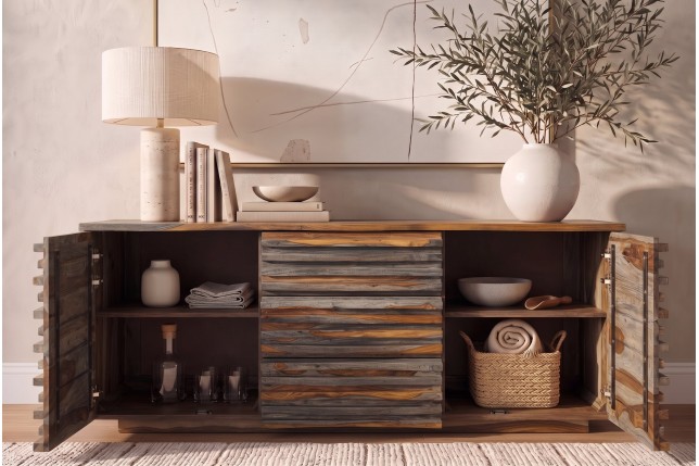 Buffet RELIEF 160cm Sheesham Massif Finition Fumée Grise