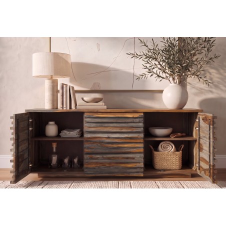 Buffet RELIEF 160cm Sheesham Massif Finition Fumée Grise