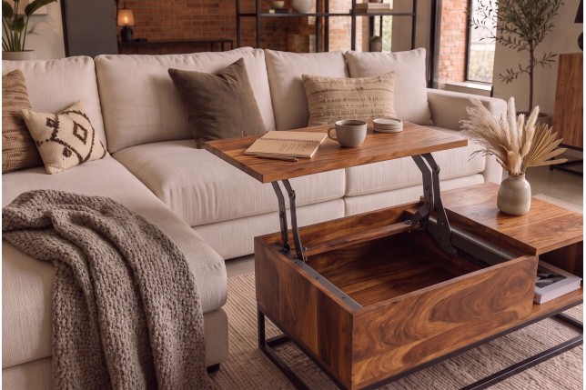 Table Basse Relevable en Sheesham Massif 110 cm | Elsines