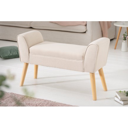 Banc SCARLETT 90cm tissu lin beige - Pieds bois massif