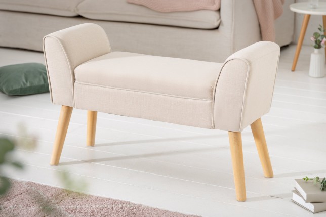 Banc SCARLETT 90cm tissu lin beige - Pieds bois massif