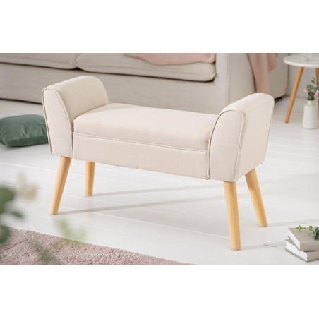 Banc SCARLETT 90cm tissu lin beige - Pieds bois massif