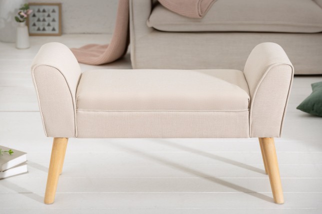 Banc SCARLETT 90cm tissu lin beige - Pieds bois massif