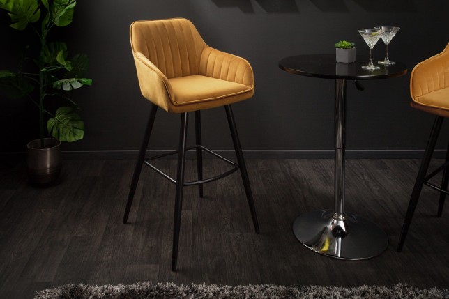 Chaise de bar TURIN velours moutarde capitonné - Lot de 2