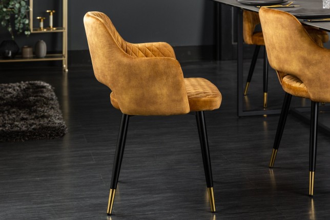 Chaise PARIS velours accoudoirs jaune moutarde - Lot de 2