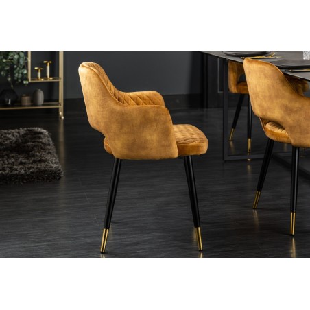 Chaise PARIS velours accoudoirs jaune moutarde - Lot de 2