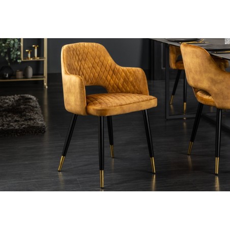 Chaise PARIS velours accoudoirs jaune moutarde - Lot de 2